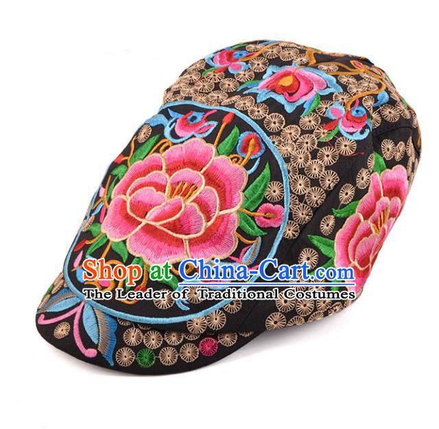 Chinese Traditional Embroidery Casquette Accessories Handmade Embroidered Peony Black Caps for Women