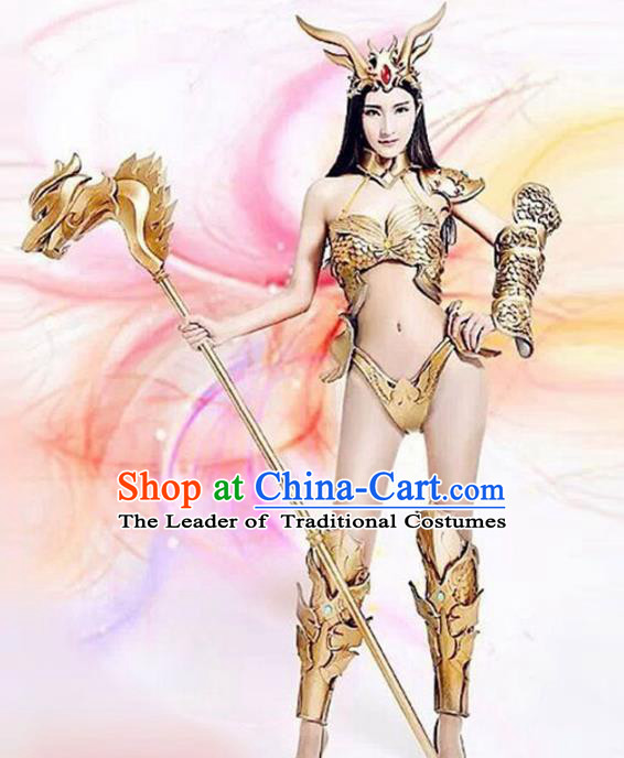 Top Grade Stage Performance Golden Costumes Halloween Cosplay Modern Fancywork Clothing and Headwear for Women