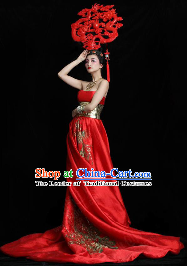 Top Grade Stage Performance Costumes China Style Modern Fancywork Full Dress and Headwear for Women