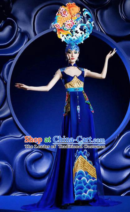 Top Grade Stage Performance Costumes China Style Modern Fancywork Blue Full Dress and Headwear for Women