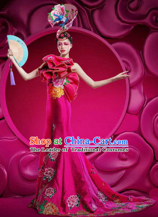 Top Grade Stage Performance Costumes China Style Modern Fancywork Rosy Full Dress and Headwear for Women