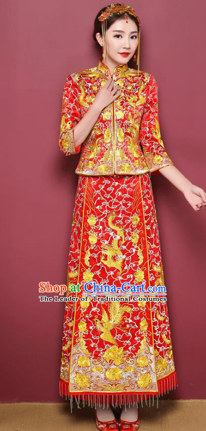 Chinese Ancient Wedding Costume Bride Toast Cheongsam Clothing, China Traditional Delicate Embroidered Xiuhe Suits for Women