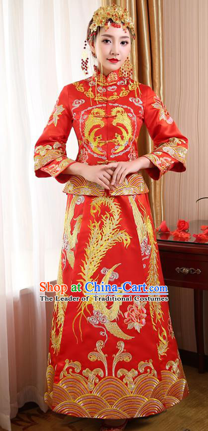 Chinese Traditional Wedding Dress Costume, China Ancient Bride Embroidered Phoenix Xiuhe Suit Clothing for Women