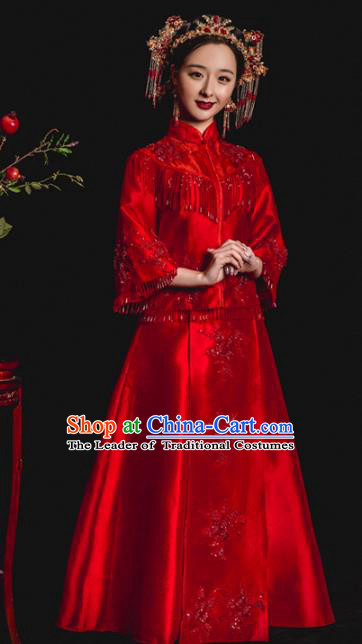 Chinese Traditional Toast Xiuhe Suits Ancient Bride Embroidered Red Tassel Bottom Drawer Wedding Costumes for Women