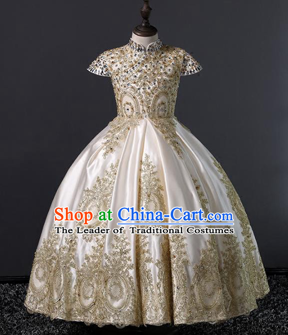 Children Stage Performance Costumes Ballroom Waltz Dance Bubble Dress Modern Fancywork Full Dress for Kids