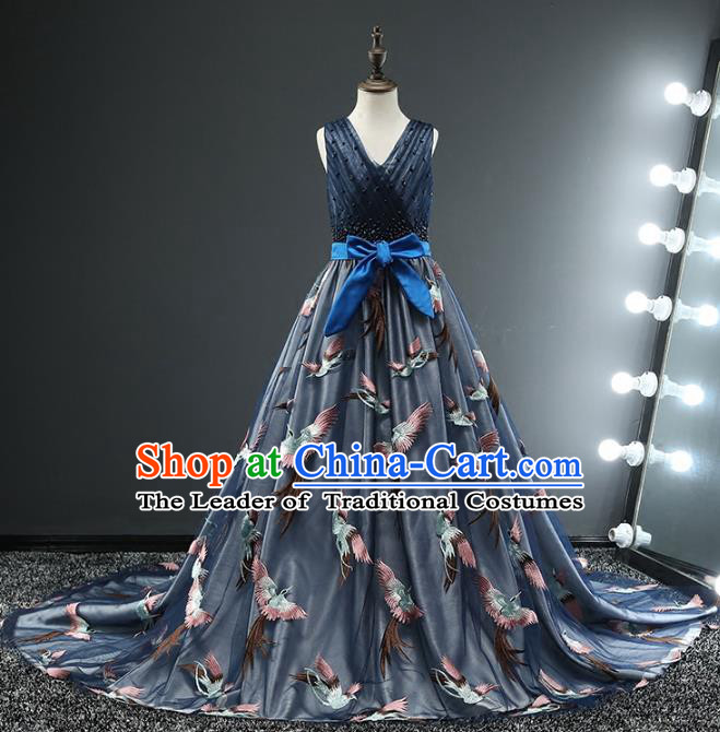 Children Stage Performance Costumes Ballroom Waltz Dance Blue Dress Modern Fancywork Full Dress for Kids