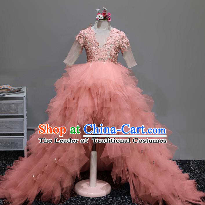 Children Stage Performance Costumes Ballroom Pink Bubble Dress Modern Fancywork Full Dress for Kids