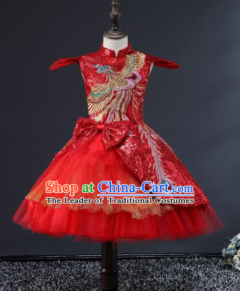 Children Stage Performance Costumes Embroidered Red Cheongsam Modern Fancywork Full Dress for Kids