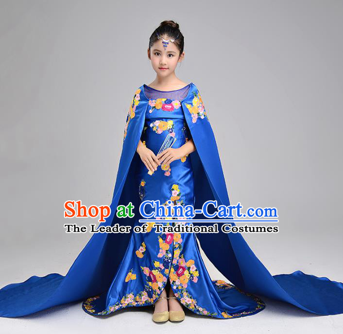 Children Stage Performance Costumes Blue Embroidered Evening Dresses Modern Fancywork Full Dress for Kids