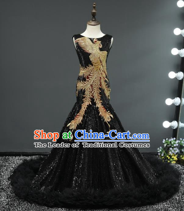 Children Stage Performance Costumes Embroidered Phoenix Black Evening Dresses Modern Fancywork Full Dress for Kids