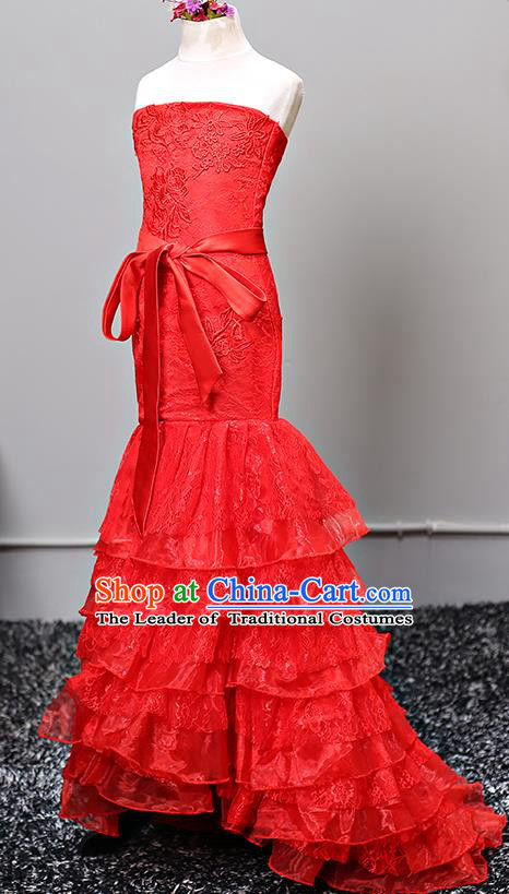 Top Grade Stage Performance Costumes Red Lace Mermaid Dress Modern Fancywork Full Dress for Kids