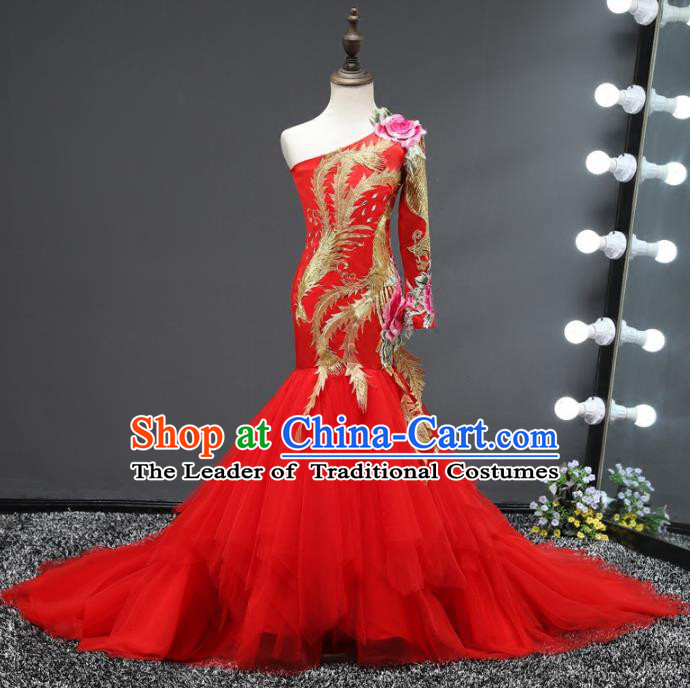 Top Grade Stage Performance Costumes Compere Embroidered Red Mermaid Dress Modern Fancywork Full Dress for Kids