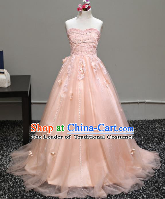 Top Grade Stage Performance Costumes Compere Pink Veil Dress Modern Fancywork Full Dress for Kids