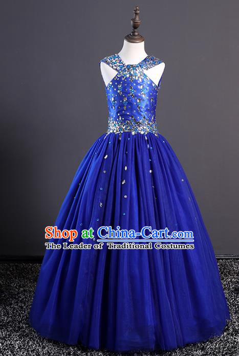 Top Grade Stage Performance Costumes Compere Blue Dress Modern Fancywork Full Dress for Kids