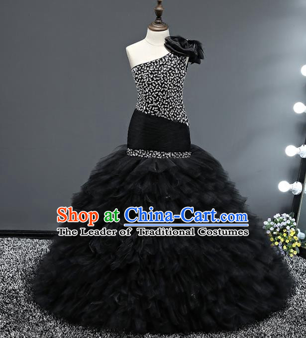 Top Grade Stage Performance Costumes Baroque Princess Black Dress Modern Fancywork Full Dress for Kids