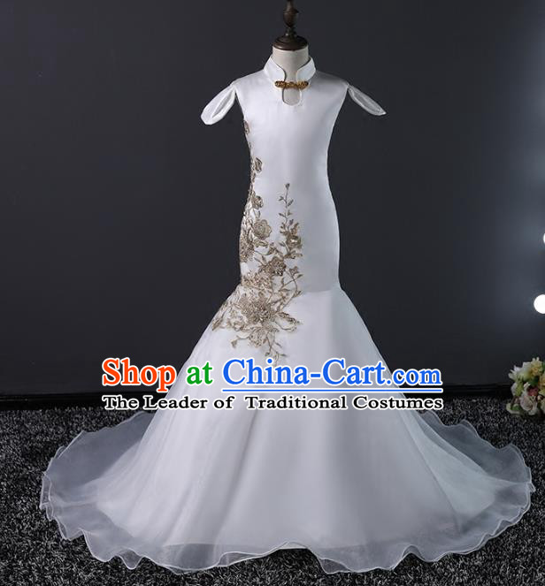 Top Grade Stage Performance Costumes Compere White Trailing Dress Modern Fancywork Full Dress for Kids