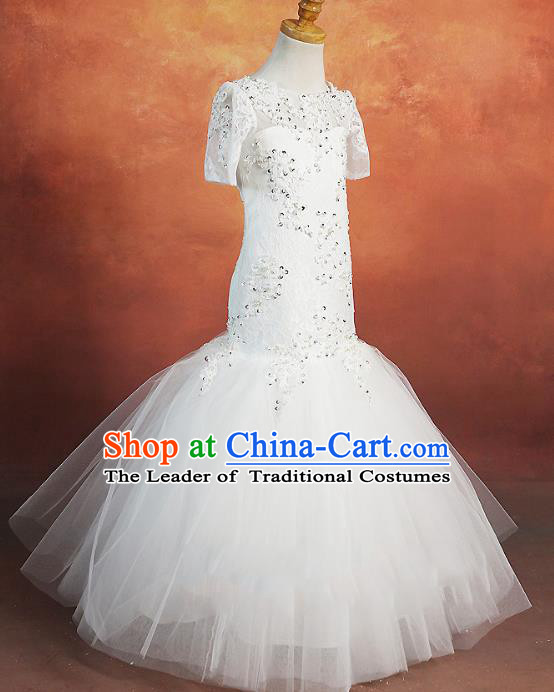 Top Grade Stage Performance Costumes Baroque Princess White Dress Modern Fancywork Full Dress for Kids