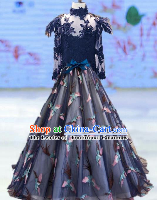 Top Grade Stage Performance Costumes Catwalks Navy Long Dress Modern Fancywork Full Dress for Kids