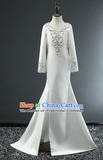 Top Grade Stage Performance Costumes Catwalks White Satin Dress Modern Fancywork Full Dress for Kids