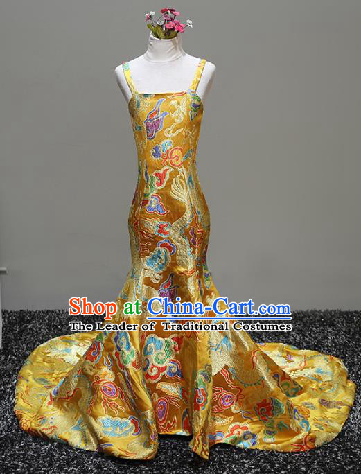 Top Grade Stage Performance Costumes Catwalks Yellow Brocade Dress Modern Fancywork Full Dress for Kids