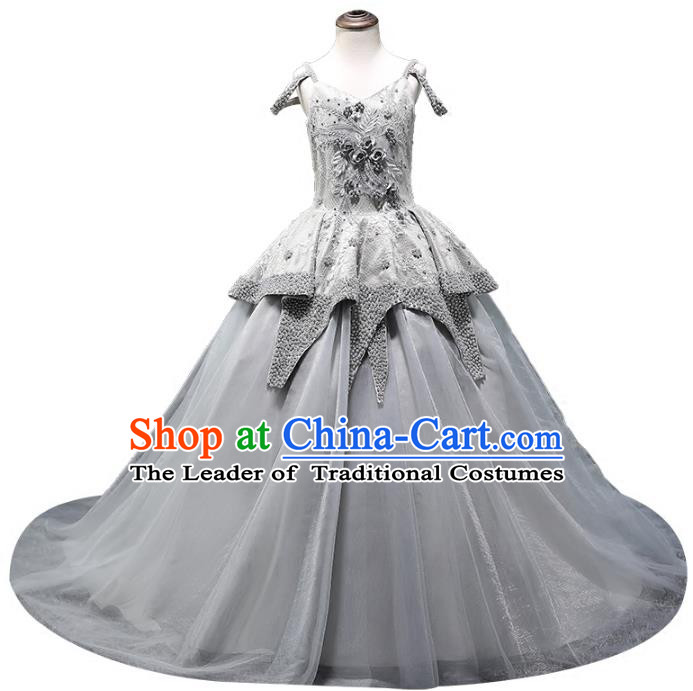 Top Grade Compere Stage Performance Costumes Children Catwalks Princess Grey Dress Modern Fancywork Full Dress for Kids