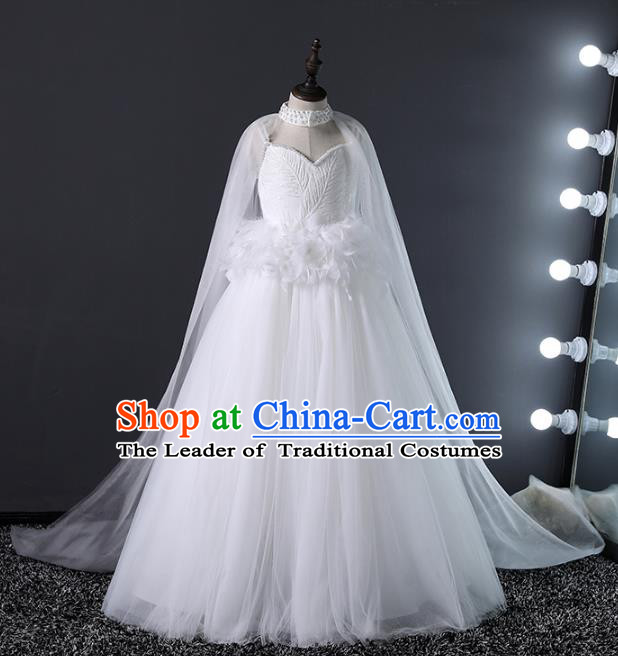 Top Grade Compere Costumes Children White Veil Mullet Dress Modern Fancywork Full Dress for Kids