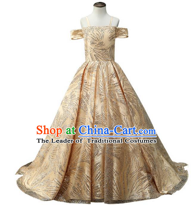 Top Grade Compere Stage Performance Costumes Children Catwalks Golden Off Shoulder Dress Modern Fancywork Full Dress for Kids