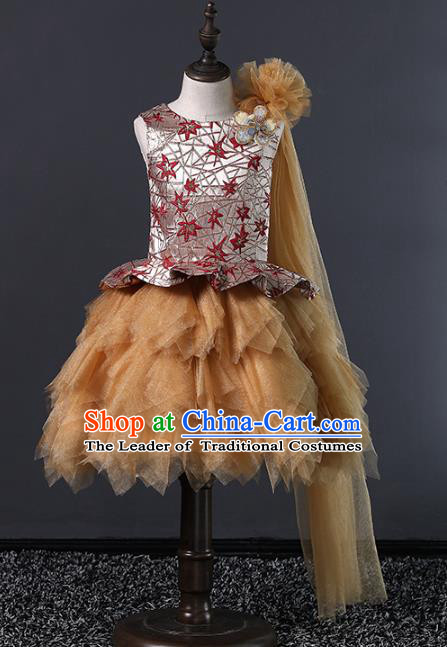 Top Grade Compere Costumes Children Brown Veil Bubble Dress Modern Fancywork Full Dress for Kids