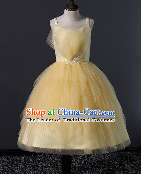 Top Grade Compere Costumes Children Yellow Veil Bubble Dress Modern Fancywork Full Dress for Kids