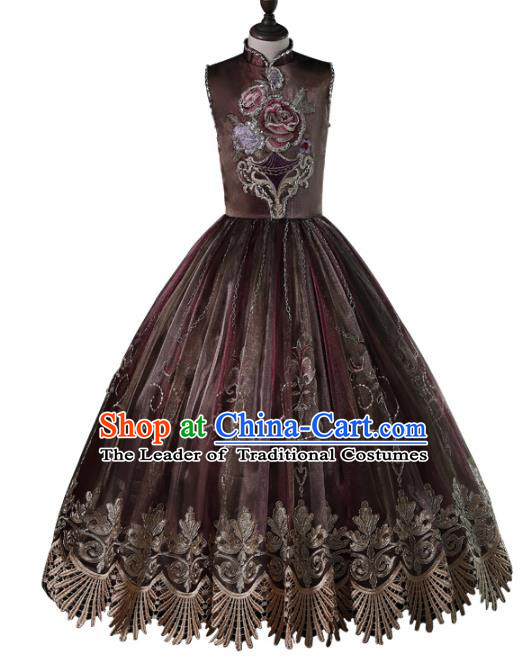 Top Grade Compere Costumes Children Embroidered Brown Dress Princess Dress Modern Fancywork Full Dress for Kids