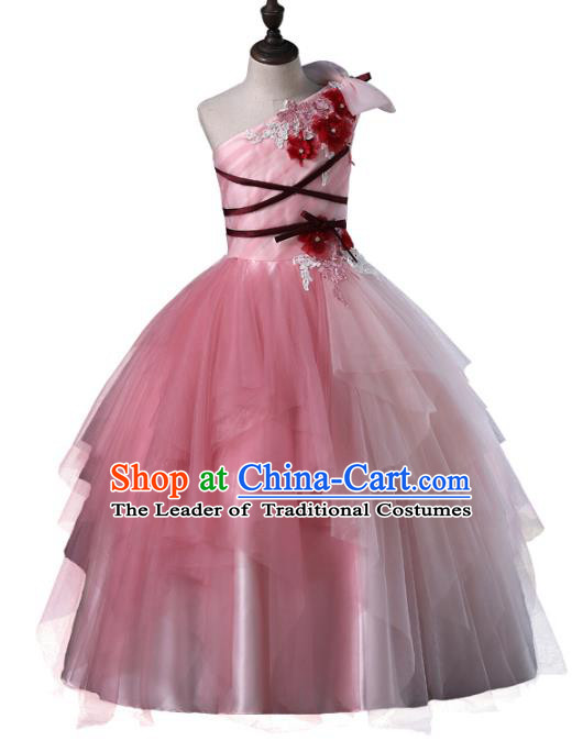 Top Grade Compere Costumes Children Pink Veil Dress Princess Dress Modern Fancywork Full Dress for Kids