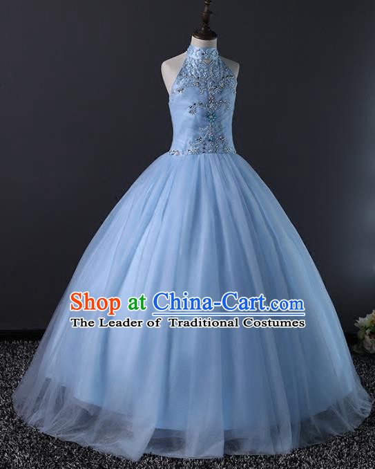 Top Grade Compere Costumes Children Stage Performance Catwalks Blue Bubble Dress Modern Fancywork Full Dress for Kids