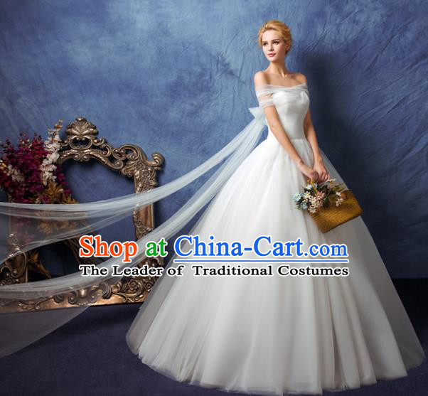 Top Grade Advanced Customization White Veil Dress Off Shoulder Wedding Dress Compere Bridal Full Dress for Women