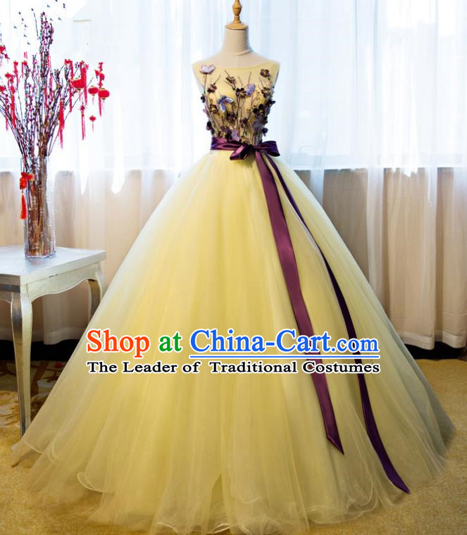 Top Grade Advanced Customization Yellow Veil Dress Wedding Dress Compere Bridal Full Dress for Women