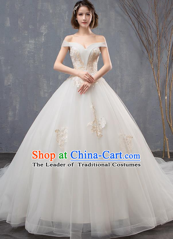 Top Grade Advanced Customization White Veil Mullet Dress Flat Shouders Wedding Dress Compere Bridal Full Dress for Women