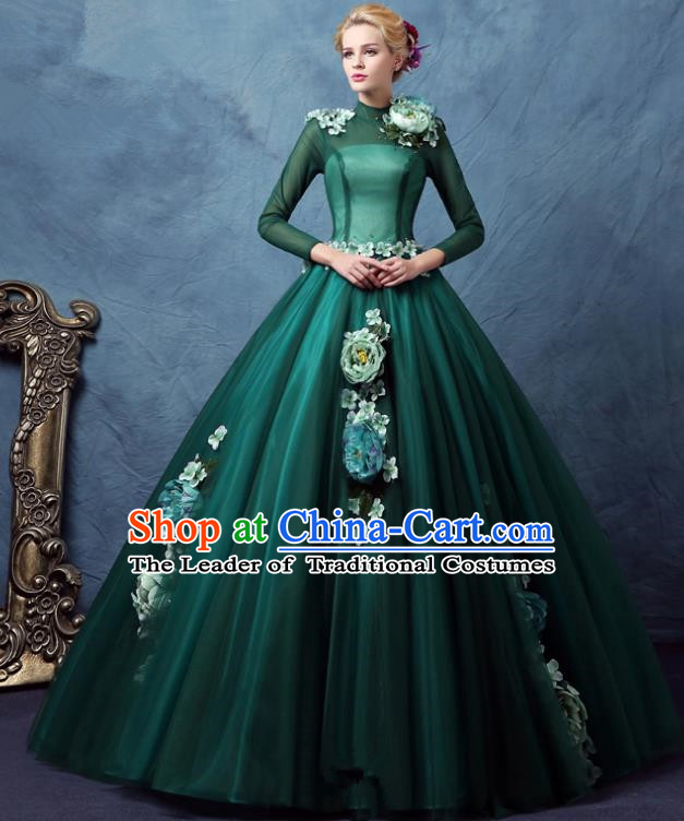 Top Grade Advanced Customization Green Veil Bubble Dress Flat Shouders Wedding Dress Compere Bridal Full Dress for Women