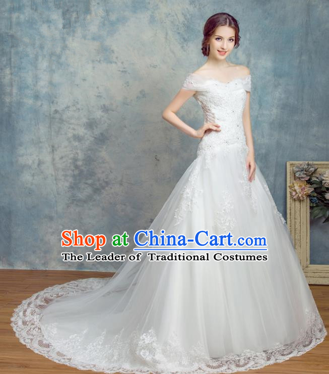 Top Grade Advanced Customization Trailing Evening Dress White Veil Wedding Dress Compere Bridal Full Dress for Women