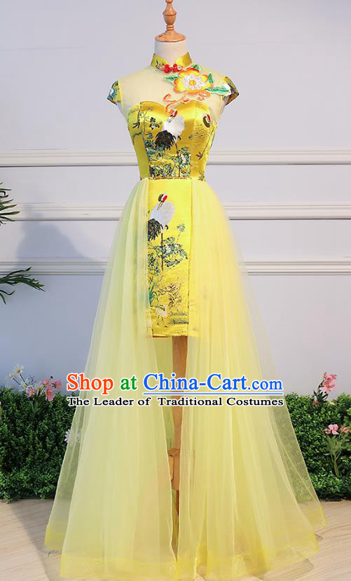 Top Grade Advanced Customization Printing Cranes Evening Dress Yellow Veil Wedding Dress Compere Bridal Full Dress for Women