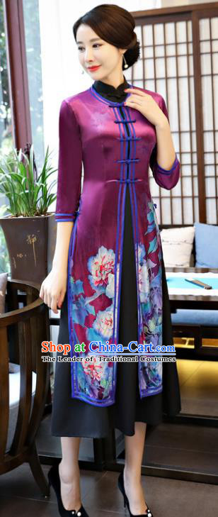 Top Grade Chinese Printing Lotus Purple Qipao Dress National Costume Traditional Mandarin Cheongsam for Women