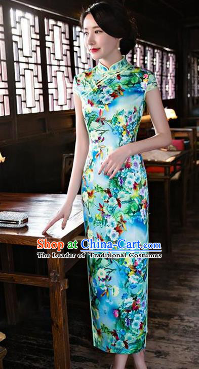 Top Grade Chinese Printing Flowers Green Silk Qipao Dress National Costume Traditional Mandarin Cheongsam for Women