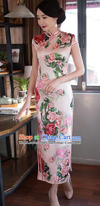 Top Grade Chinese Printing Rose Silk Qipao Dress National Costume Traditional Mandarin Cheongsam for Women