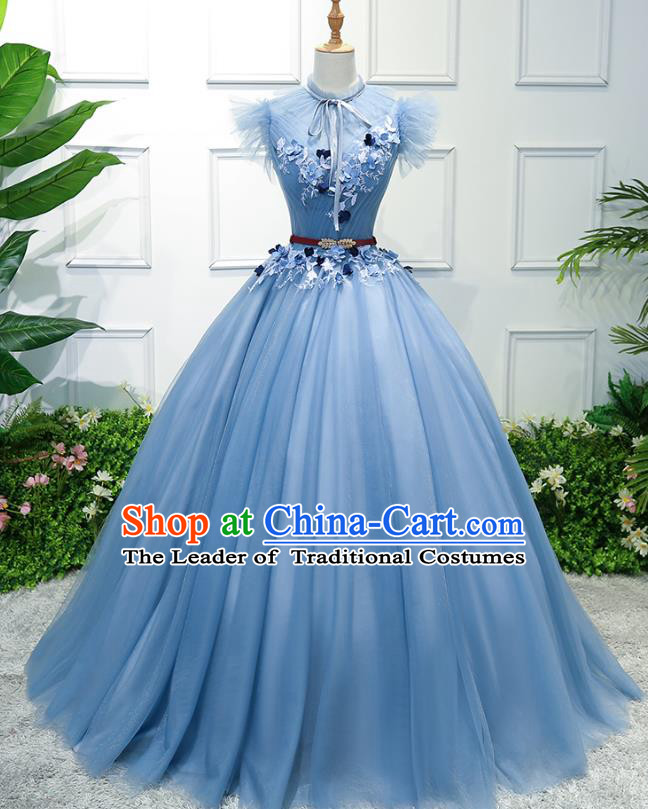 Top Grade Wedding Costume Evening Dress Advanced Customization Blue Bubble Dress Compere Bridal Full Dress for Women