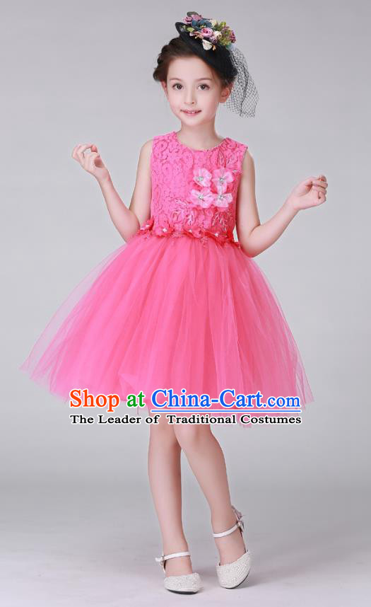 Top Grade Stage Performance Costumes Children Modern Dance Rosy Bubble Dress Modern Fancywork Clothing for Kids