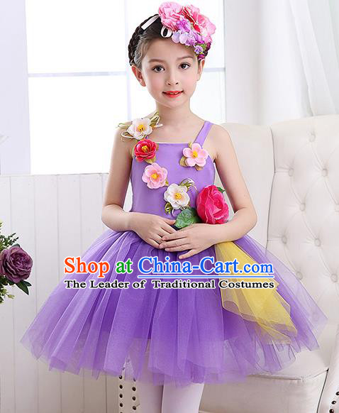 Top Grade Chorus Costumes Children Stage Performance Modern Dance Purple Bubble Dress for Kids