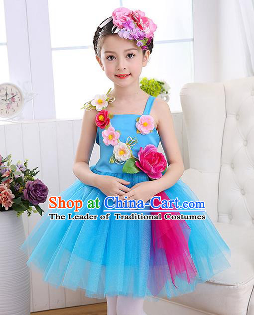 Top Grade Chorus Costumes Children Stage Performance Modern Dance Blue Bubble Dress for Kids