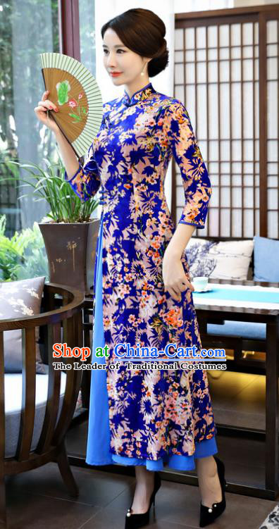 Top Grade Chinese Printing Flowers Royalblue Velvet Qipao Dress National Costume Traditional Mandarin Cheongsam for Women