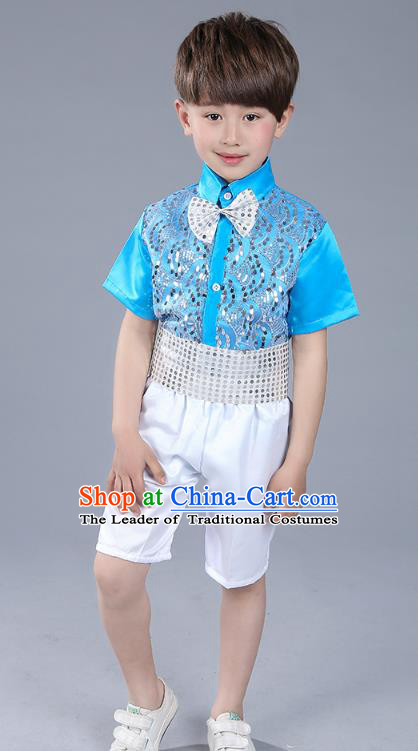 Top Grade Boys Chorus Sequins Costumes Children Compere Modern Dance Blue Clothing for Kids