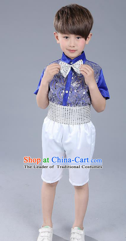 Top Grade Boys Chorus Sequins Costumes Children Compere Modern Dance Royalblue Clothing for Kids