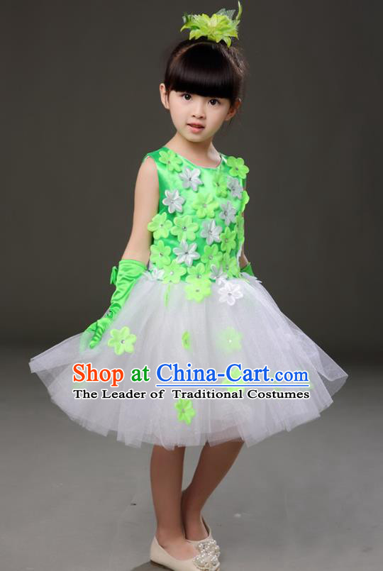 Top Grade Chorus Costumes Children Modern Dance Green Flowers Bubble Dress for Kids