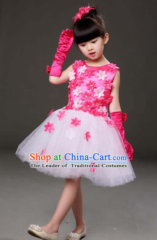 Top Grade Chorus Costumes Children Modern Dance Rosy Flowers Bubble Dress for Kids